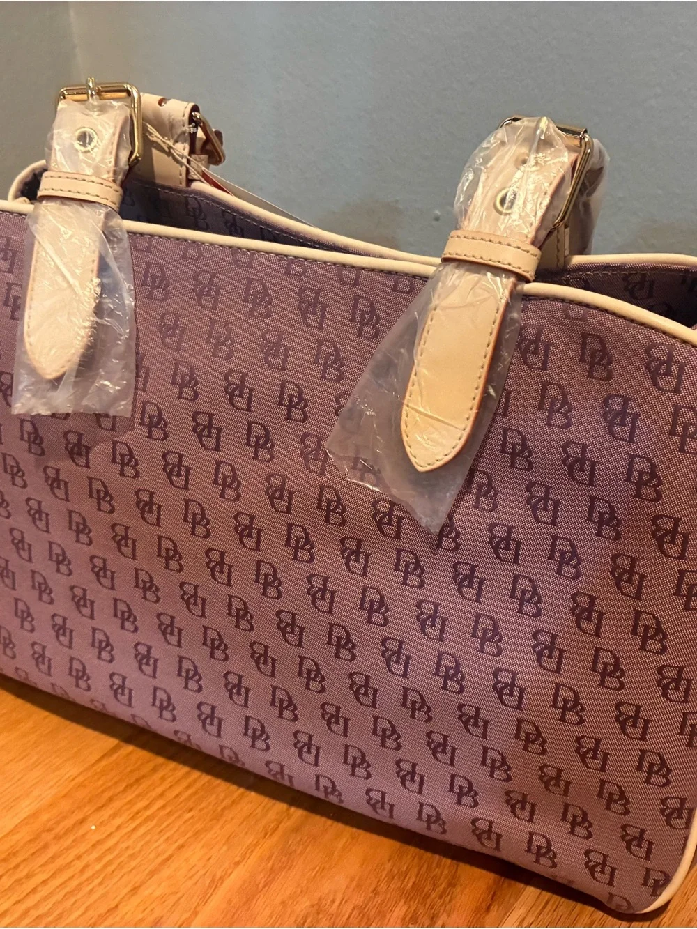 Dooney & Bourke Lavender Signature DB Satchel with Cream Trim